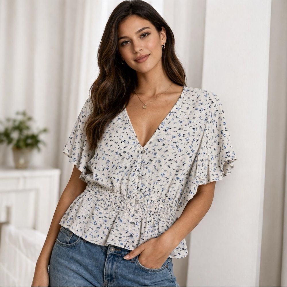 Pigalle Marianne Life Women’s Floral Peplum Blouse Blue Floral V-Neck M 15213422